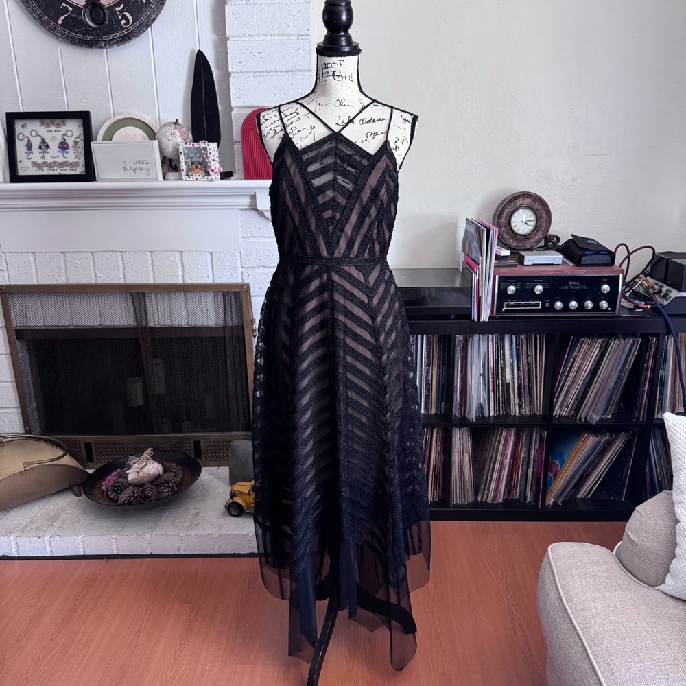 BCBGMaxAzria Black Sheer Lined Striped Style Dress